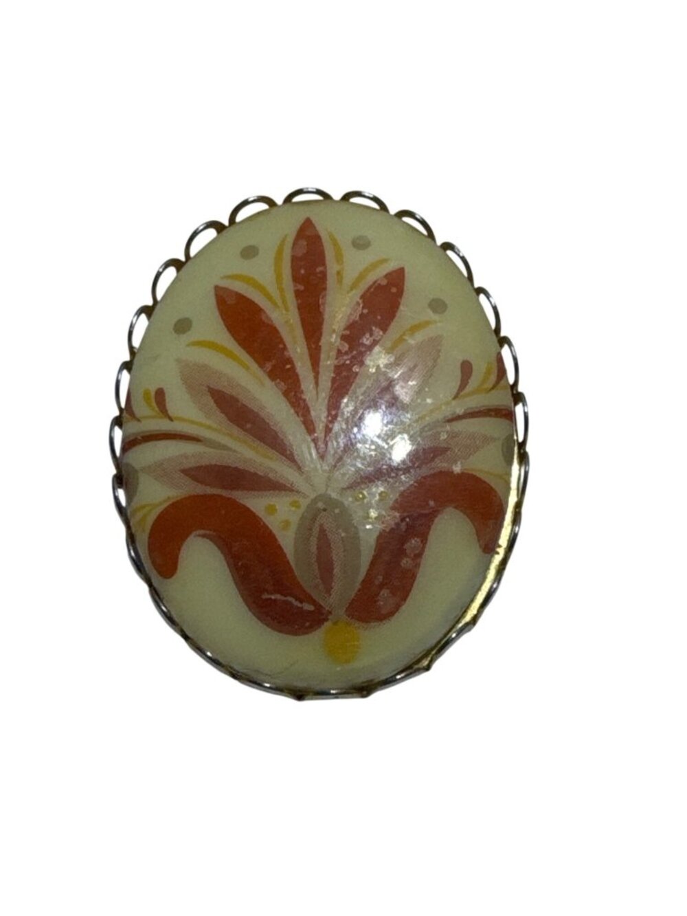 Vintage Oval Brooch Pin Painted Enamel Floral Motif Gold-Tone Metal Pre-Owned